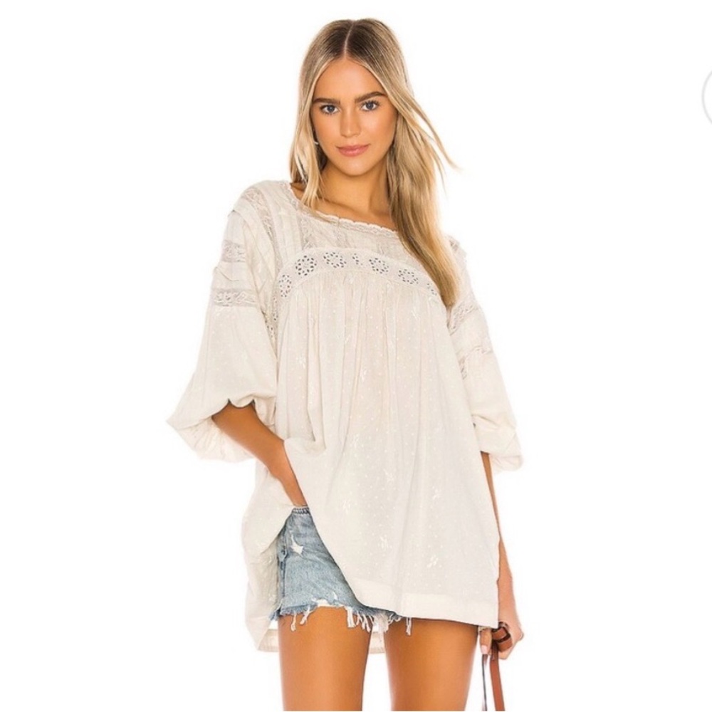 Free People Azalea Lace Women’s Cream Boho Lace Yoke Tunic Blouse